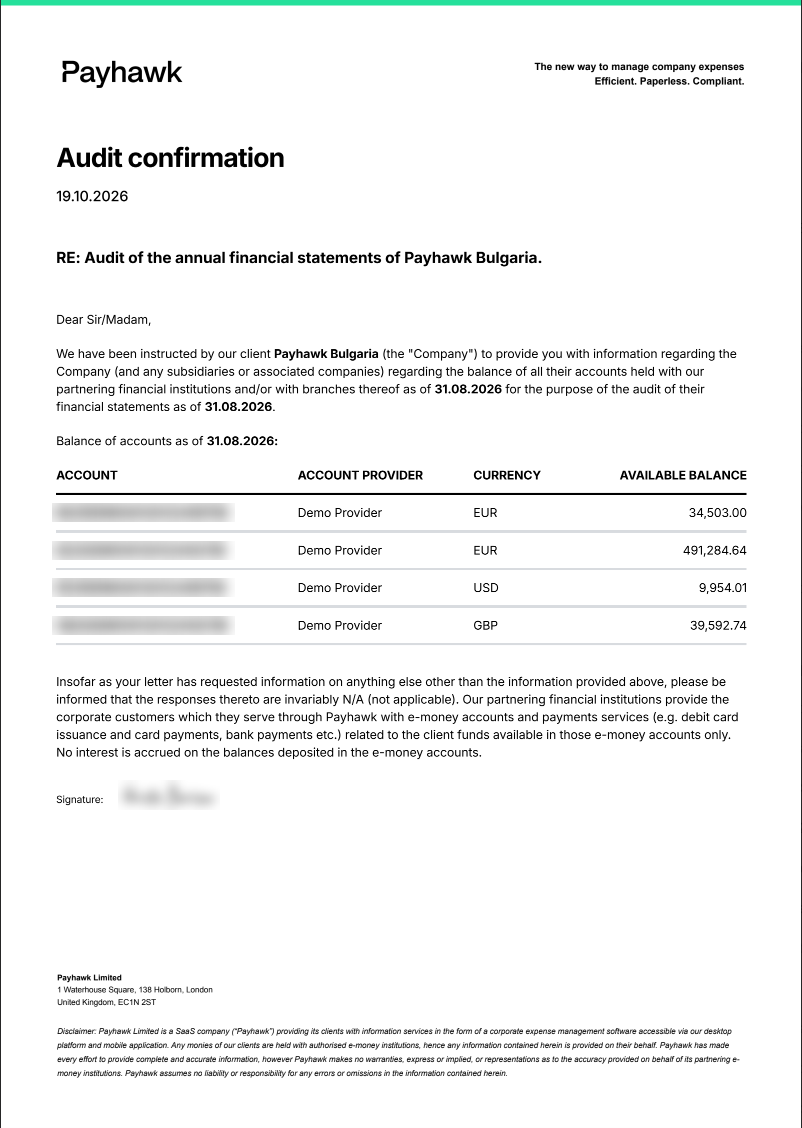 An audit confirmation letter listing each account with its account provider, currency, and available balance on the confirmed date.