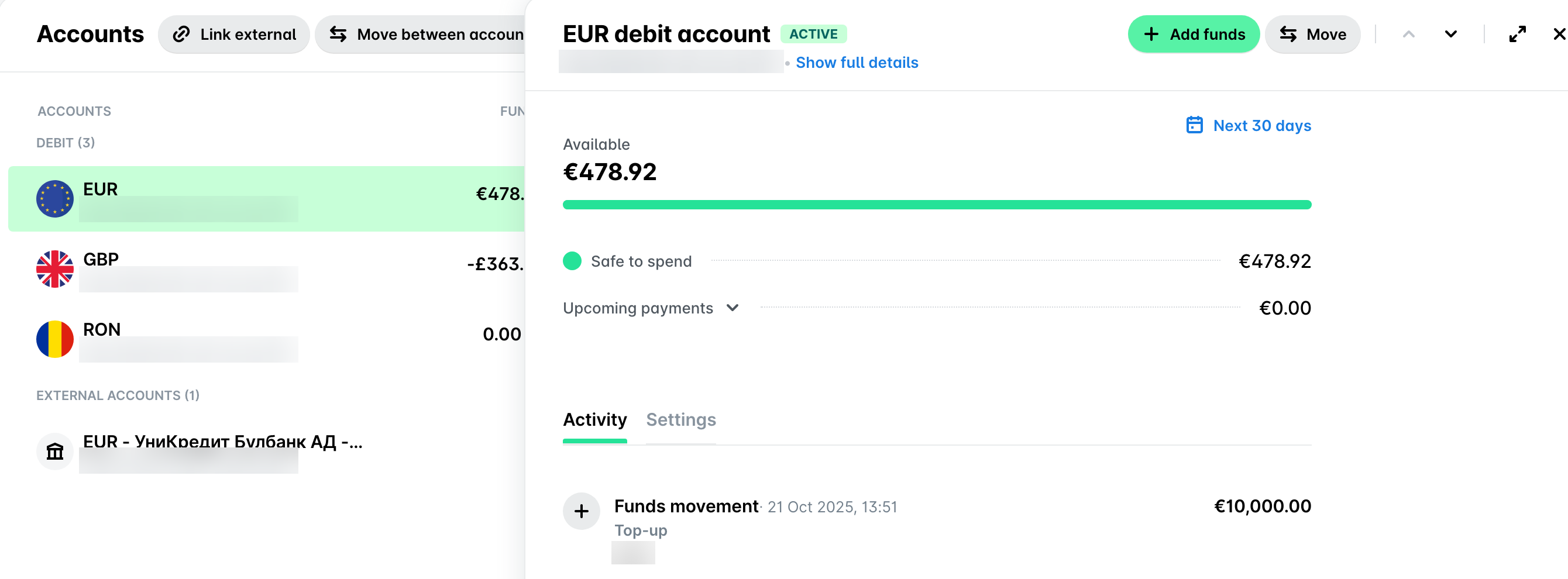 EUR debit account opened from the Funds accounts list, with its available funds and activity.