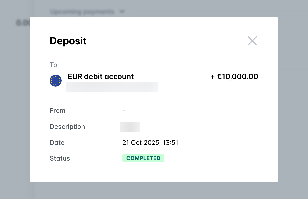 Deposit details with the receiving account, description, date and status.