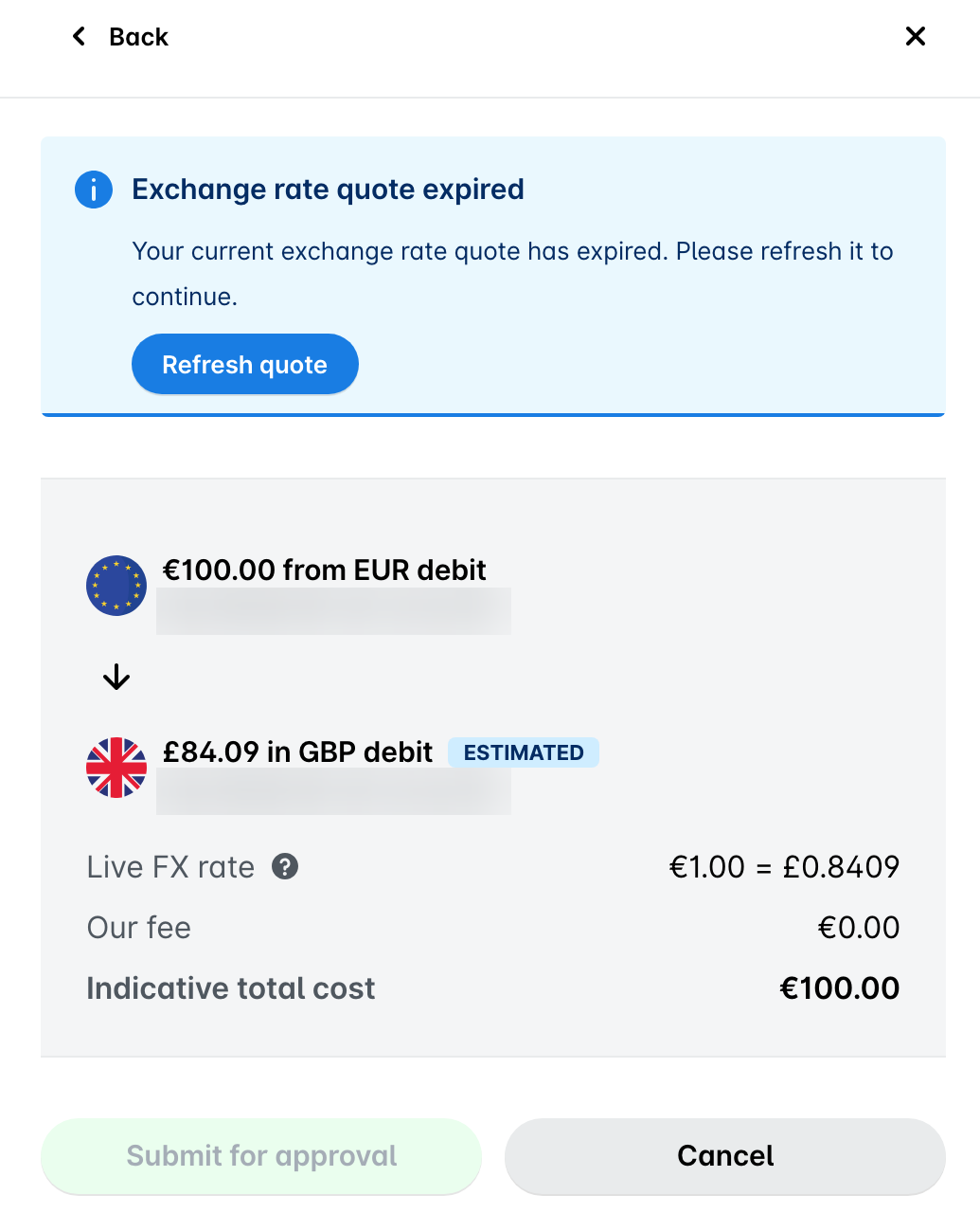 Controlescherm van een valutaoverboeking met de melding over de verlopen koers en de knop nieuwe koers.
