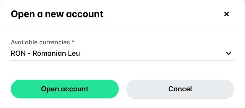 Open a new account panel with the currency drop-down and the Open account button.