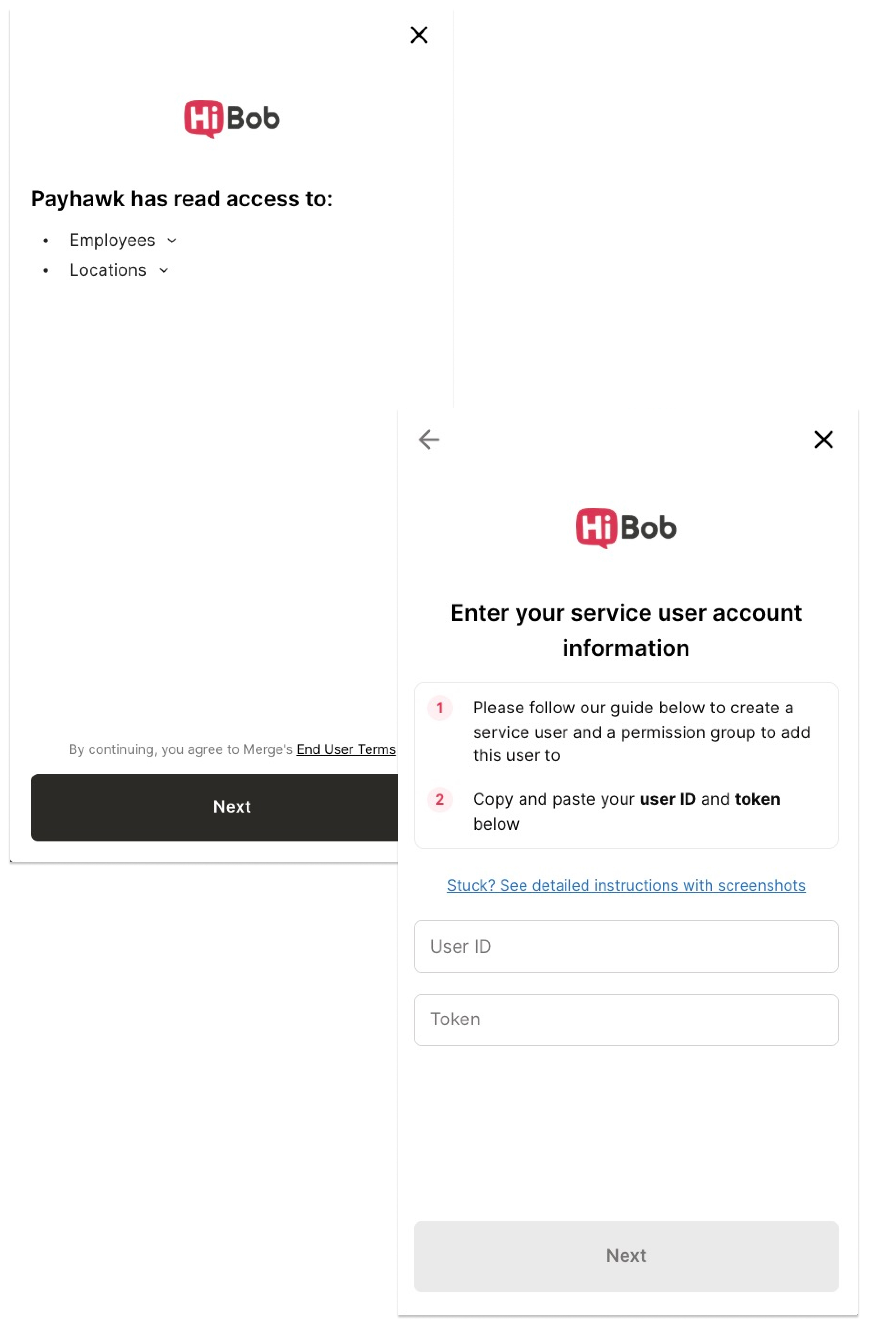 HiBob-Oberfläche mit Administratorrollenanforderung und Payhawk-Zugriffsdetails für die Integration