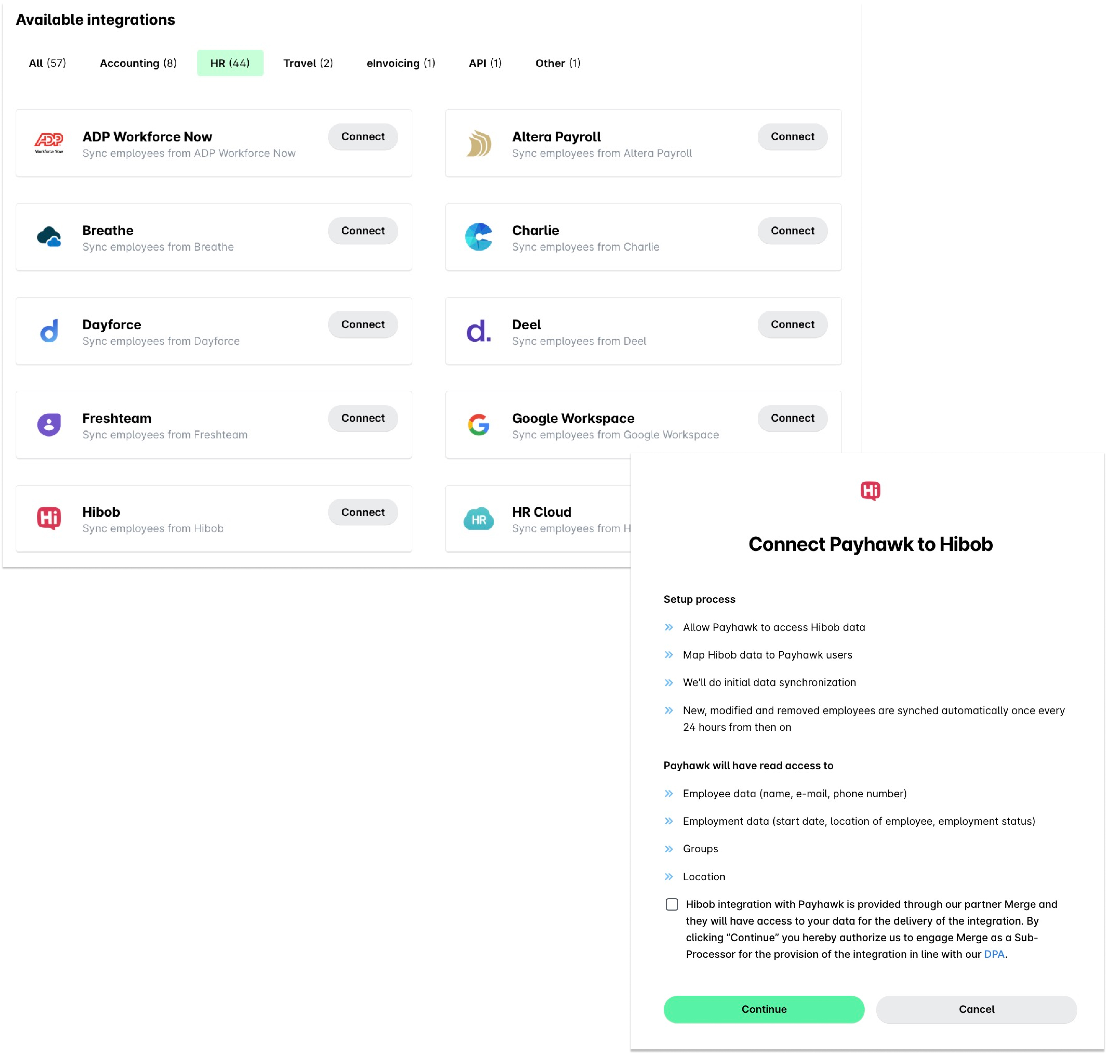 Verbindung von Payhawk mit HiBob mit Anweisungen zur Einrichtung und aufgeführten Zugriffsberechtigungen