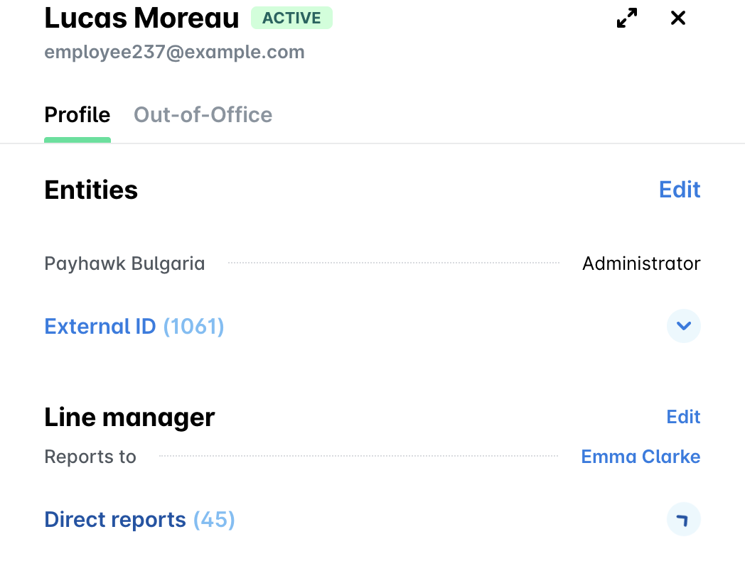 Employee profile in Payhawk with the Line manager section showing Reports to and Direct reports