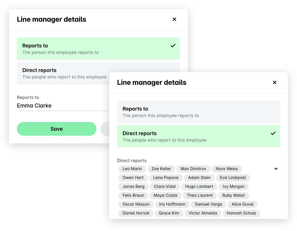 Line manager details window in Payhawk showing the Reports to tab and the Direct reports tab