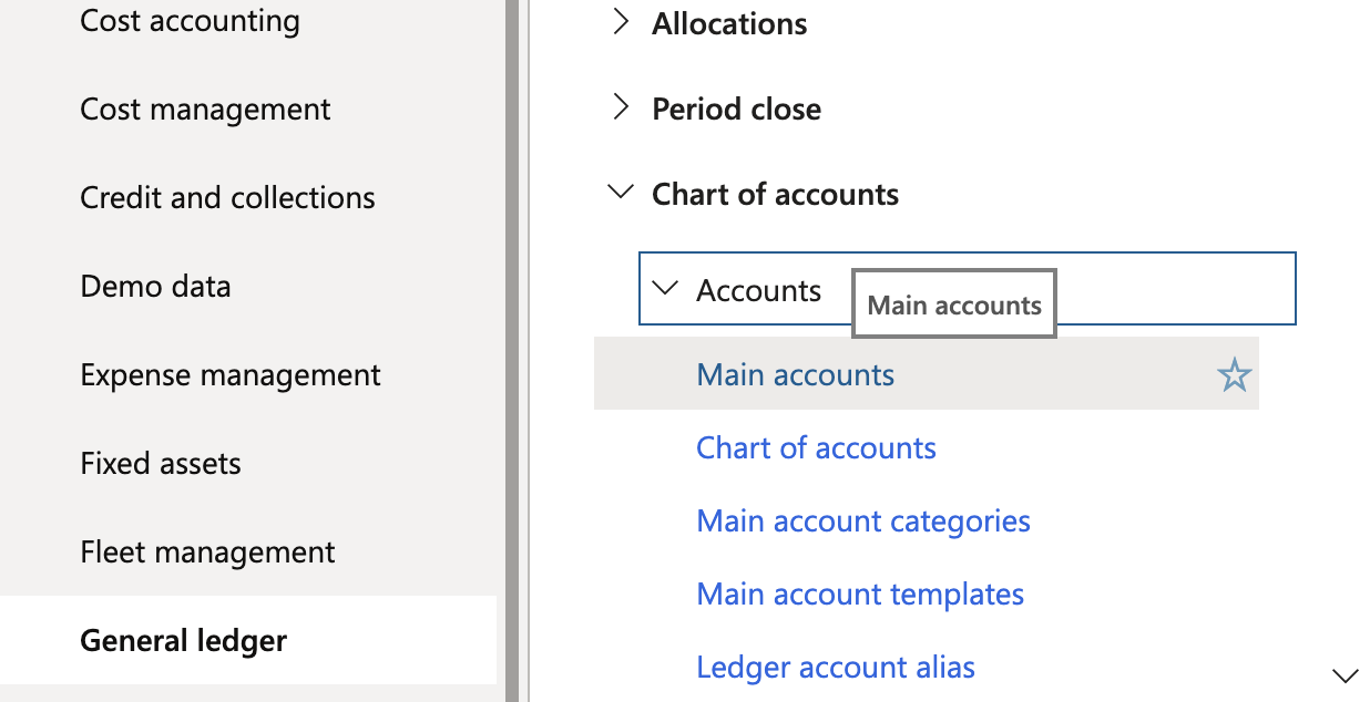 General ledger menu in Microsoft Dynamics 365 Finance with Chart of accounts, Accounts and Main accounts.