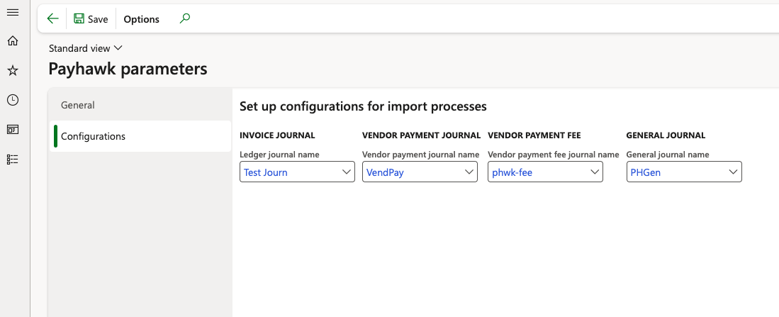 Payhawk parameters page in Microsoft Dynamics 365 Finance with the journal names on the Configurations tab.