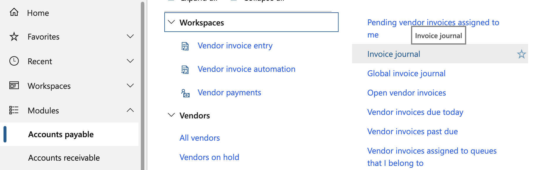 Accounts payable menu in Microsoft Dynamics 365 Finance with Invoice journal selected.