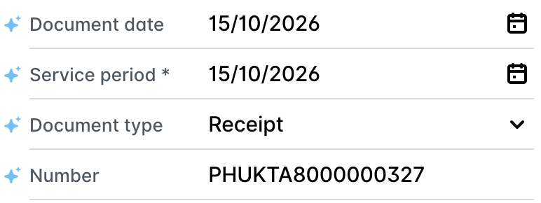 Detalles del gasto con la fecha del documento, el periodo de servicio, el tipo de documento Recibo y el número de documento.