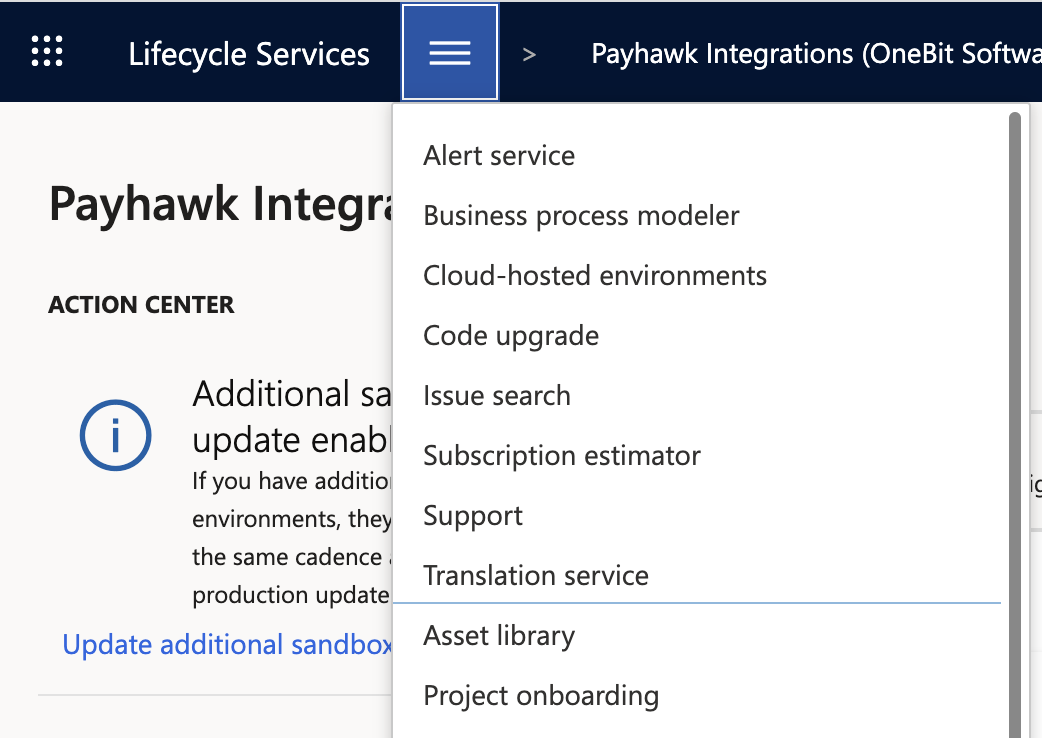 Lifecycle Services menu with Asset library.