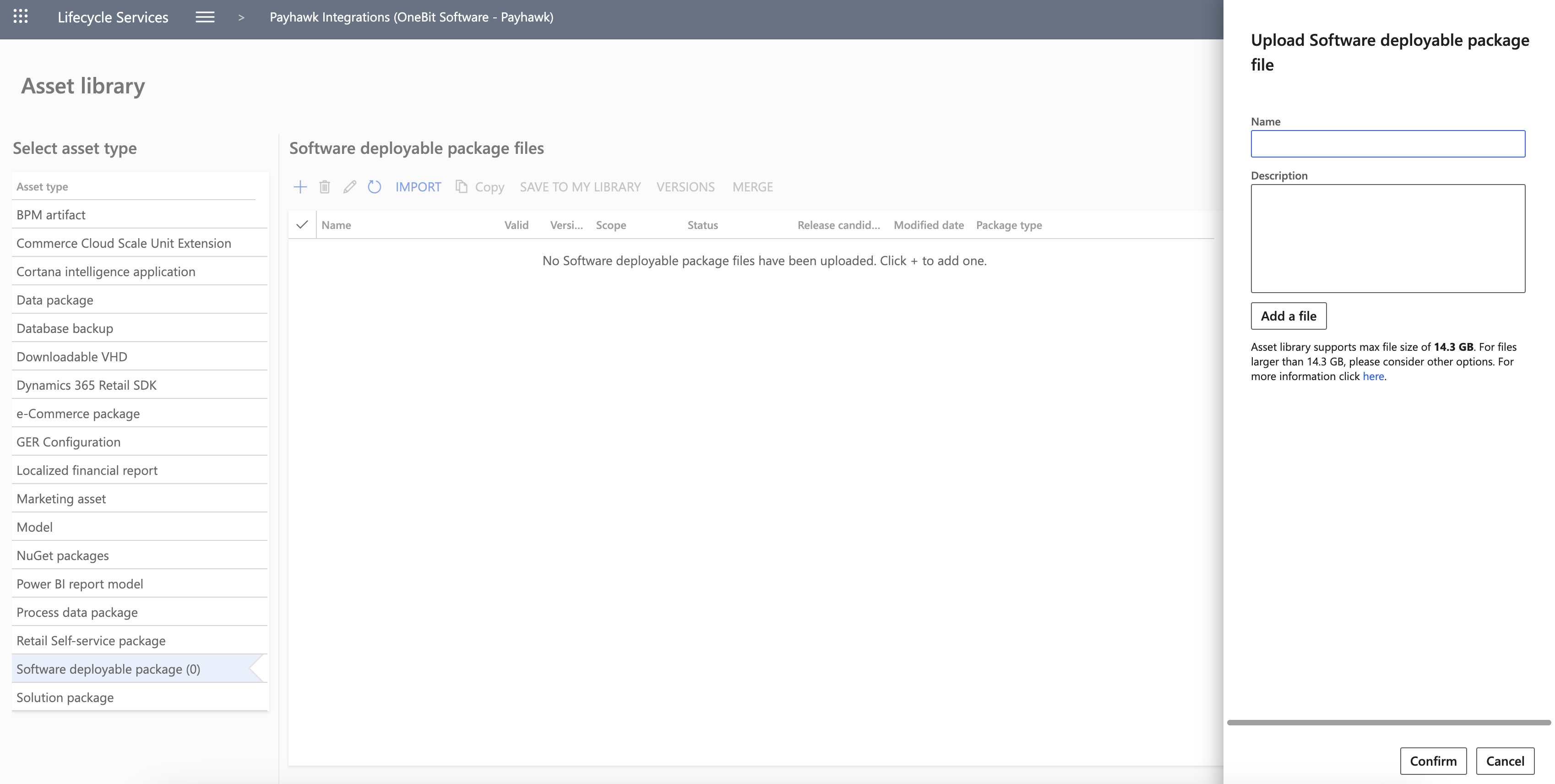 Asset library in Lifecycle Services with the Upload Software deployable package file panel.