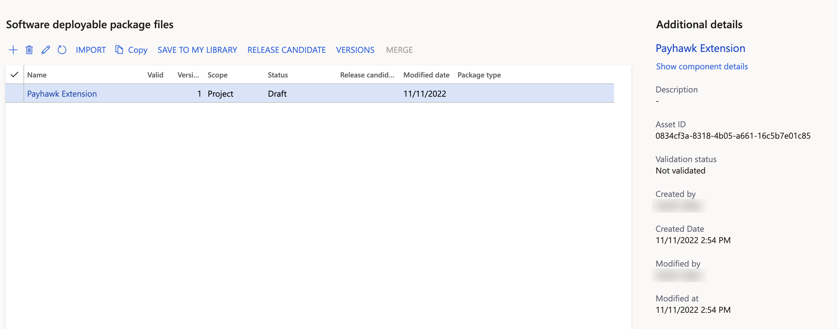 Software deployable package files in the Lifecycle Services asset library with the Payhawk Extension package.