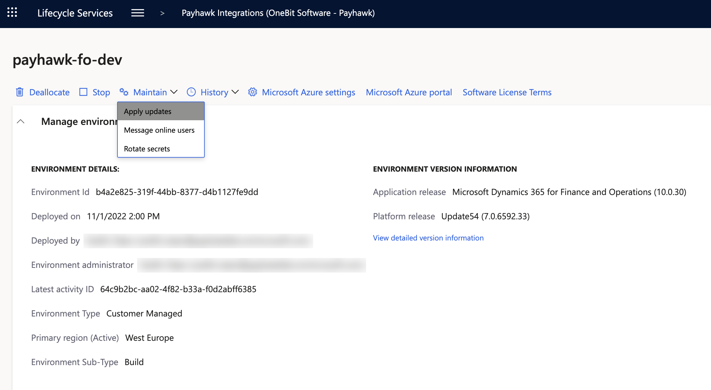 Environment page in Lifecycle Services with Maintain and Apply updates.