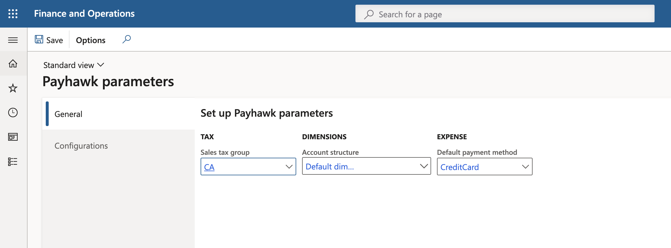 Page Payhawk Parameters dans Microsoft Dynamics 365 Finance avec les paramètres de taxes, de dimensions et de dépenses.