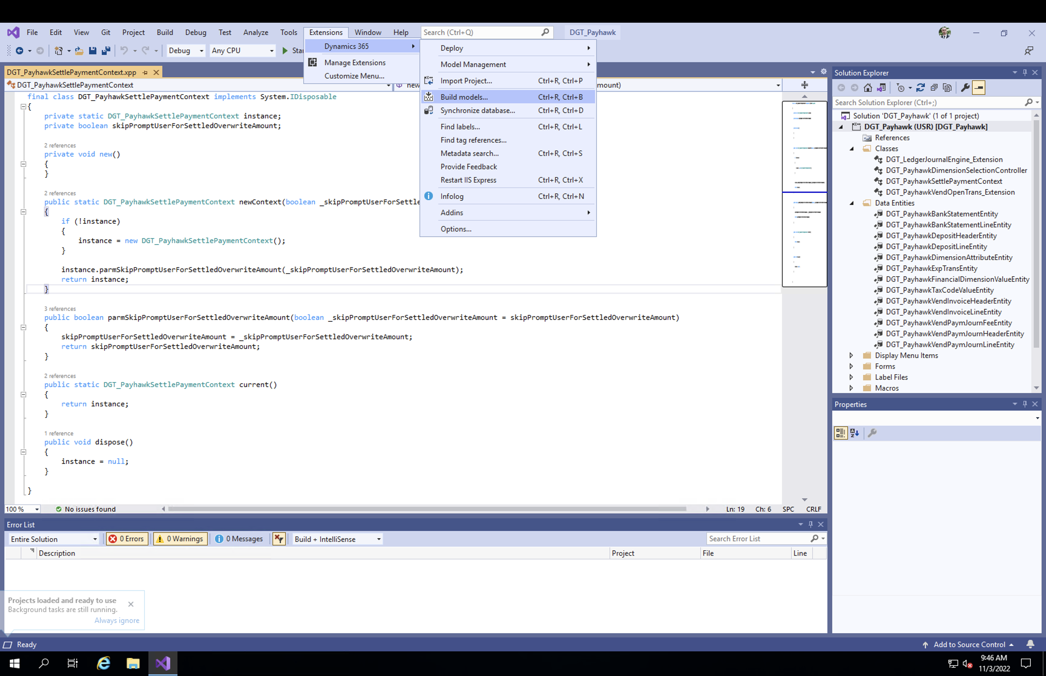 Visual Studio with the Payhawk extension project and the Dynamics 365 menu open.