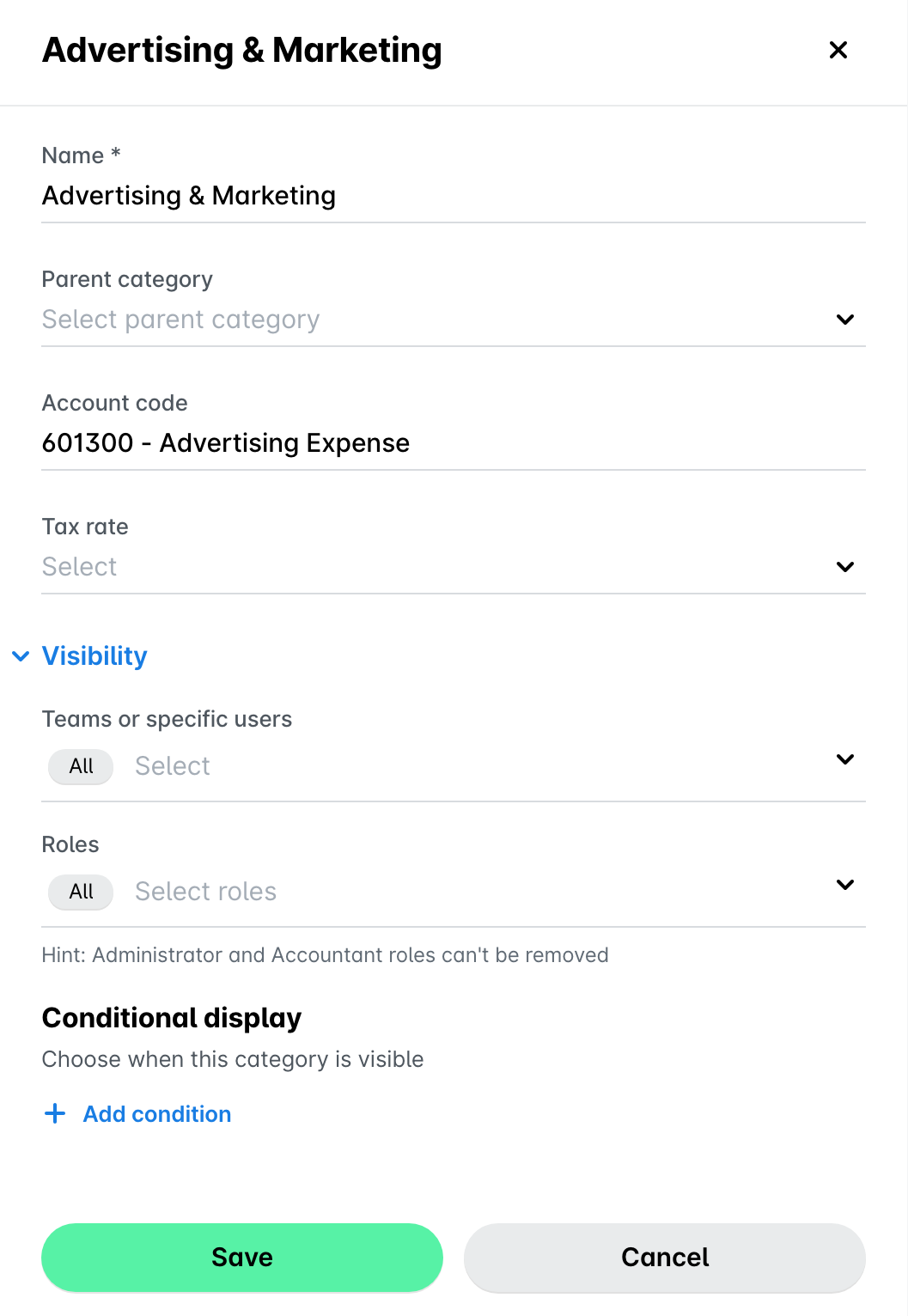 Category panel for Advertising & Marketing with the Name, Parent category, Account code and Tax rate fields.