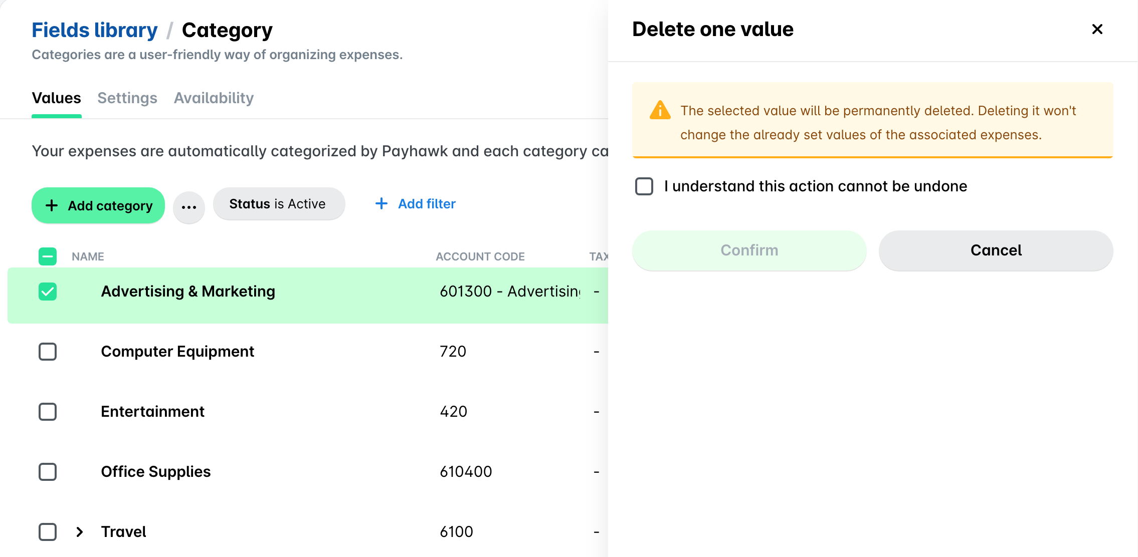Category list with Advertising & Marketing selected and the Delete one value panel open.