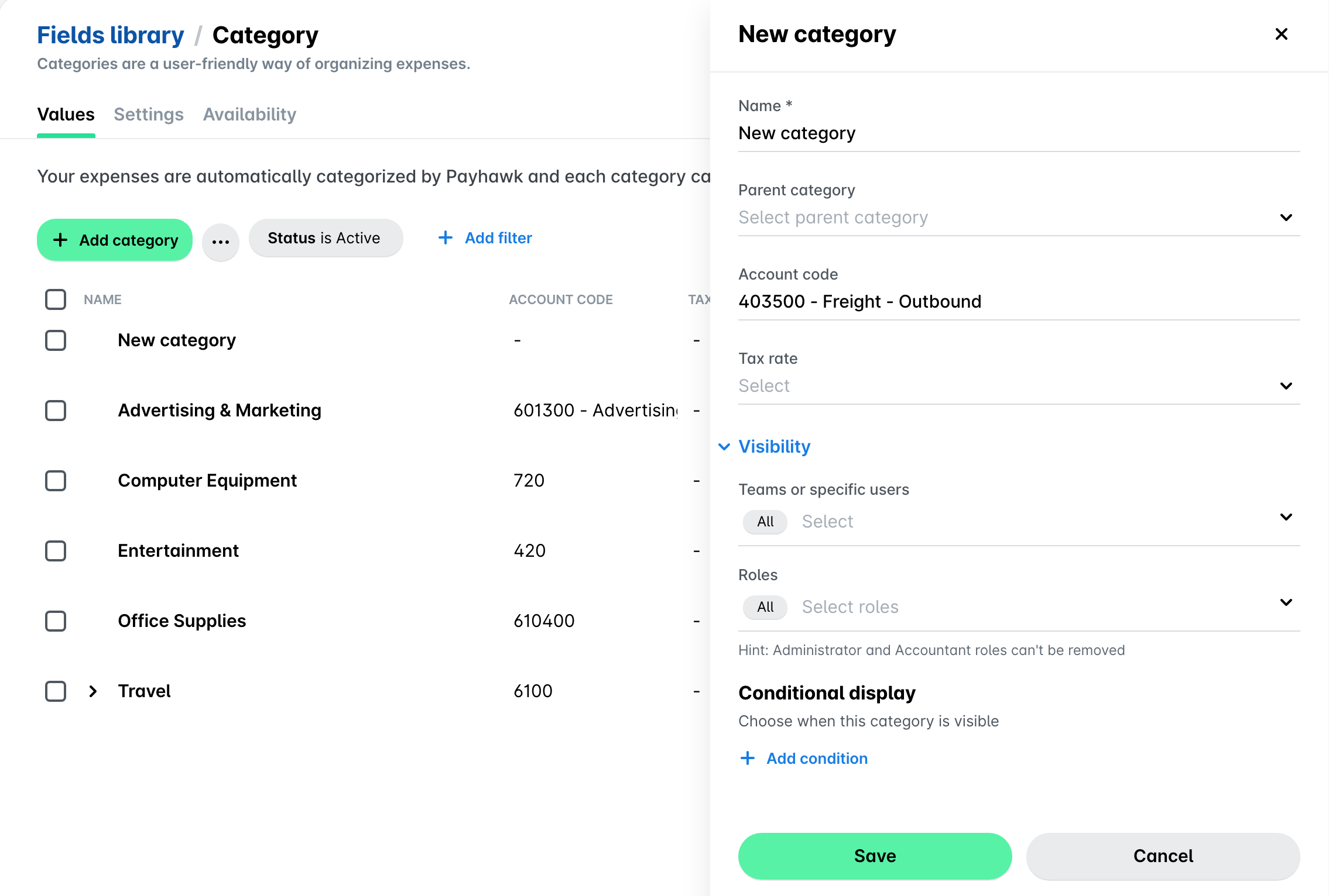 New category panel with the Name, Parent category, Account code and Tax rate fields next to the Category list.