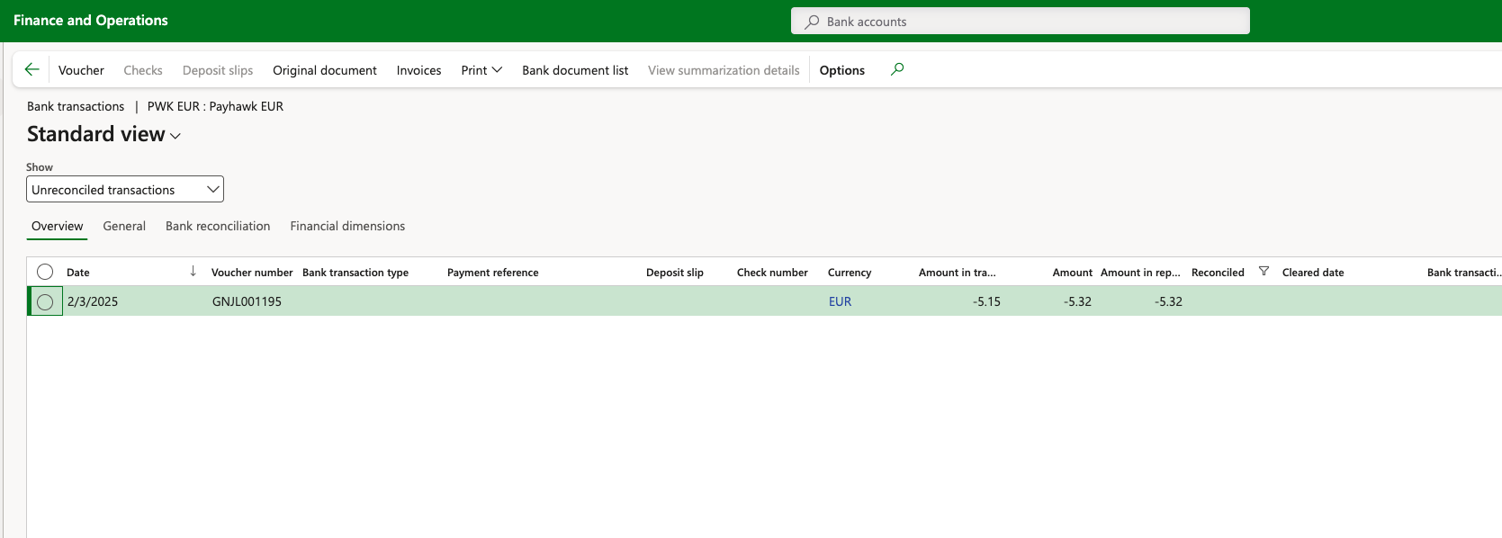 Bank transactions page in Microsoft Dynamics 365 Finance with the unreconciled transactions of the Payhawk EUR bank account.