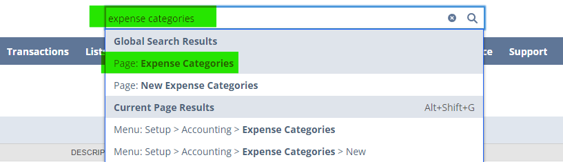 Oracle NetSuite global search for expense categories