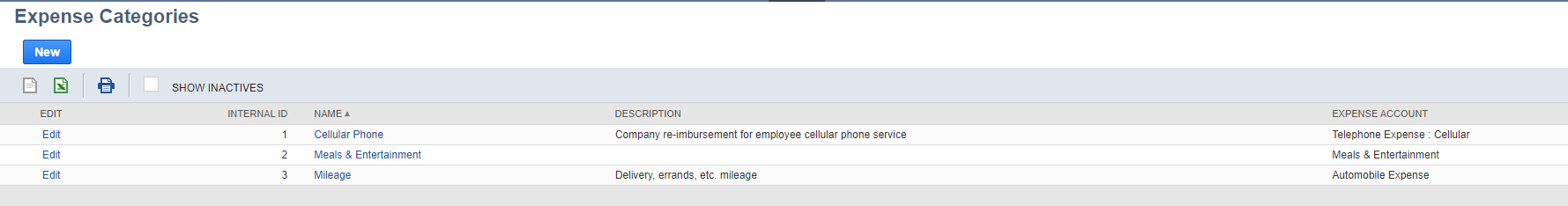 Expense Categories list in Oracle NetSuite with the internal ID column