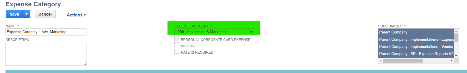 Expense category in Oracle NetSuite with its expense account