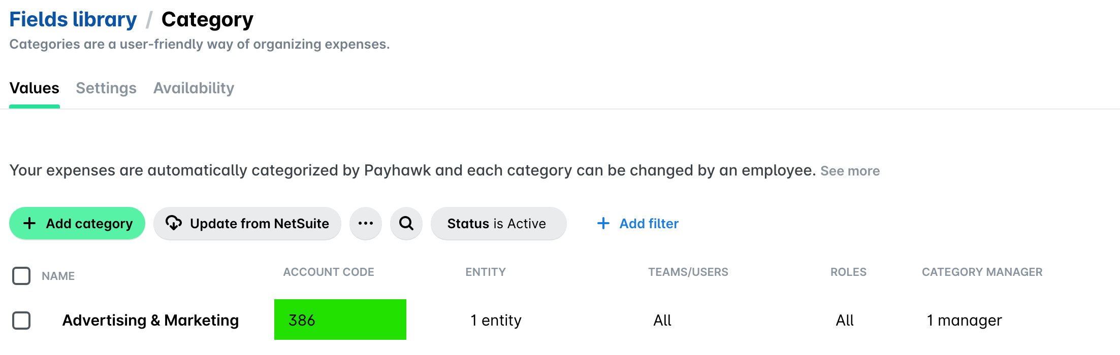 Category page in Payhawk with the account code of a category highlighted