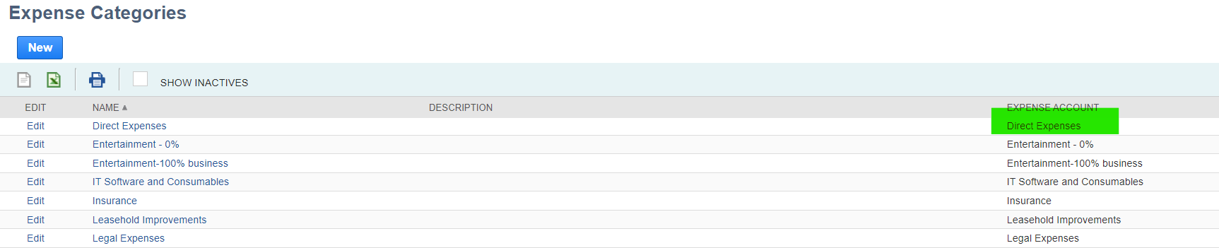 Expense Categories list in Oracle NetSuite with the expense account highlighted