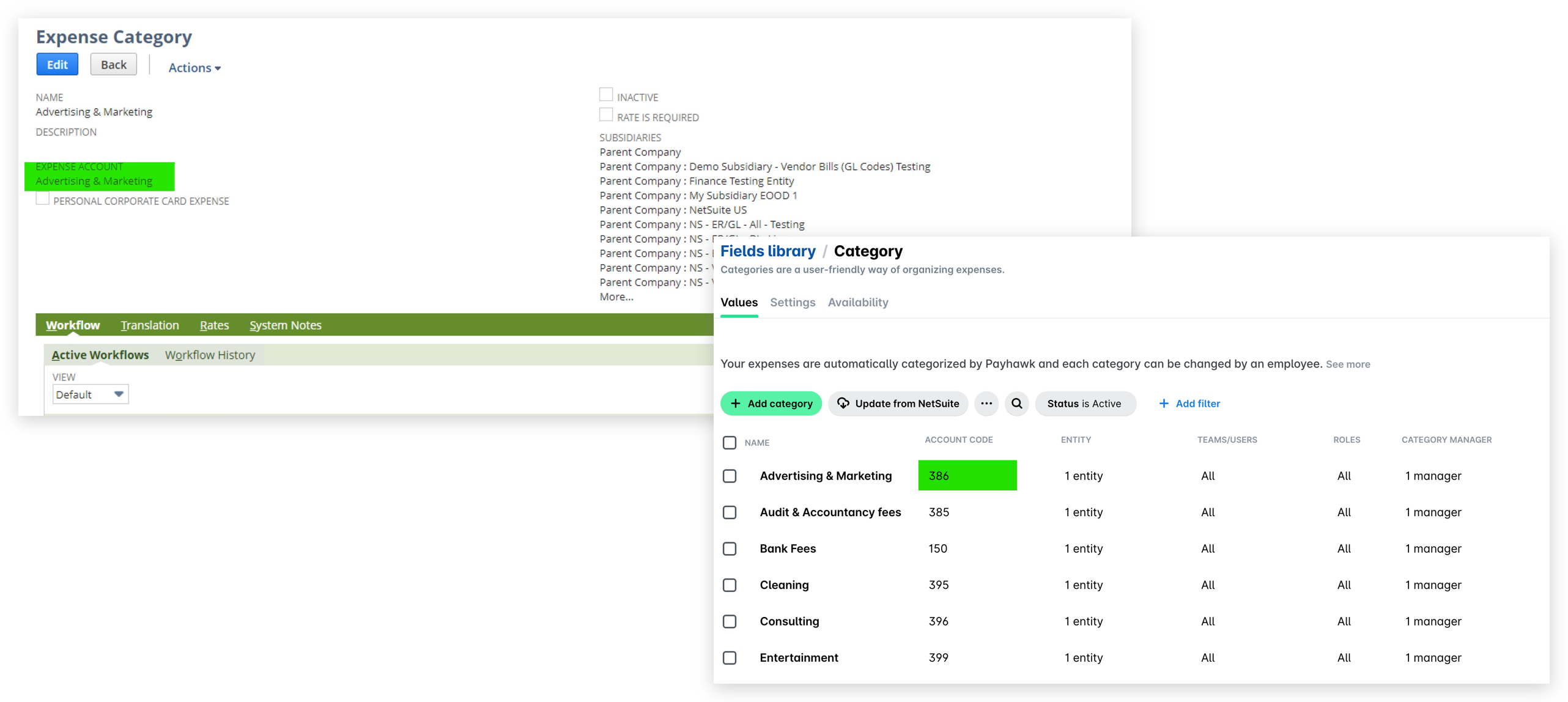 Expense account of a category in Oracle NetSuite and the matching account code in Payhawk