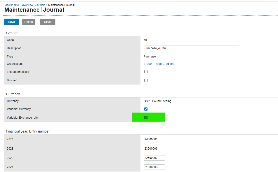 Diario de compras en Exact Online con Variable: Tipo de cambio seleccionado