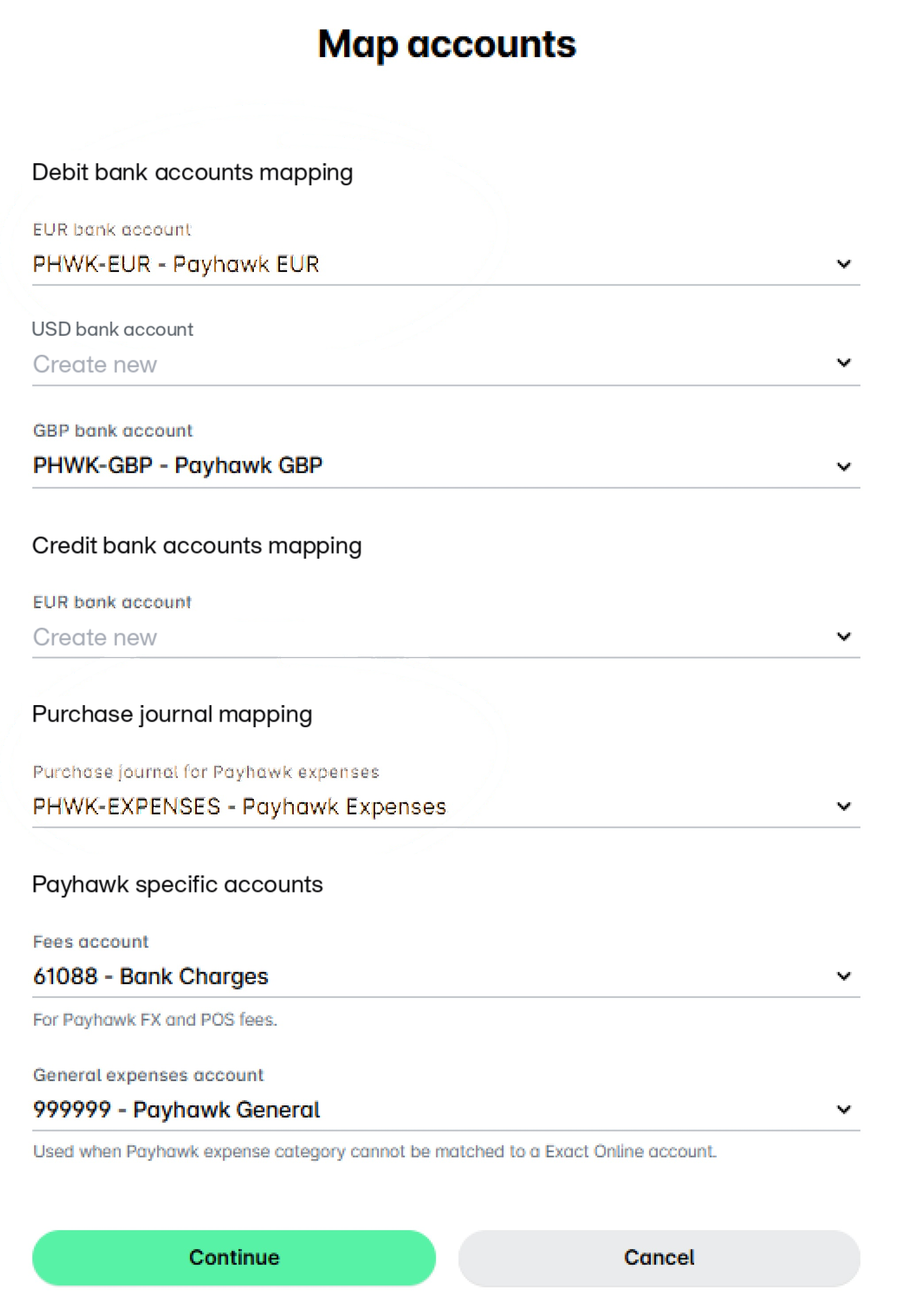 Paso Asignar cuentas del asistente de configuración de Exact Online con las cuentas bancarias y el diario de compras asignados