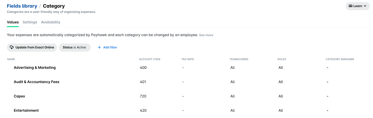 Catégorie dans la bibliothèque de champs Payhawk avec le bouton Mettre à jour à partir d'Exact Online et les codes de compte d'Exact Online.