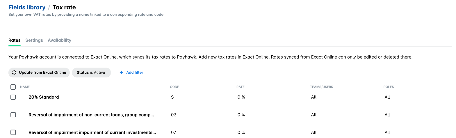 Steuersatz in der Payhawk-Felderbibliothek mit der Schaltfläche Aktualisierung aus Exact Online und den aus Exact Online synchronisierten Sätzen.