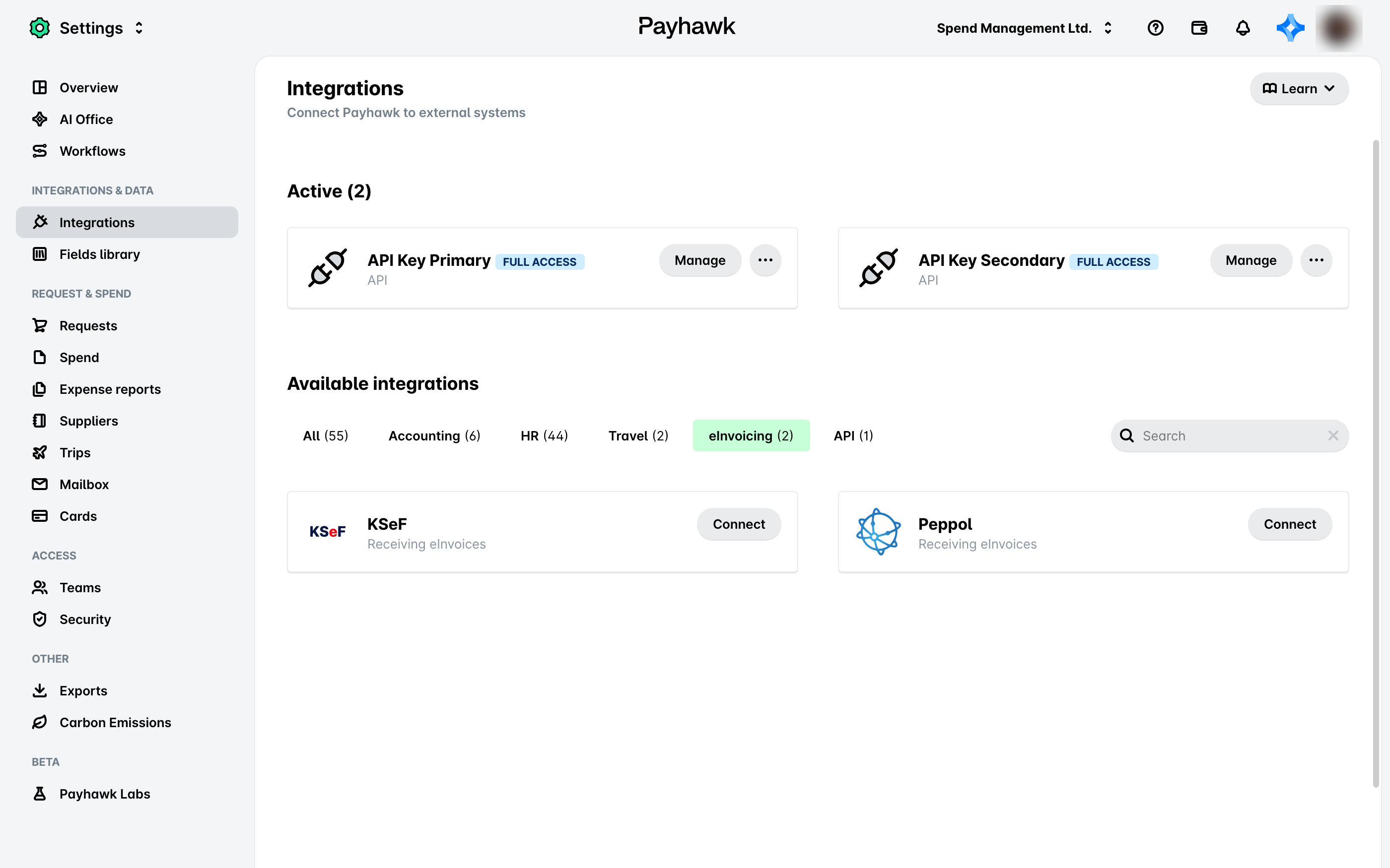 Payhawk integrations page showing active and available integrations for various systems.