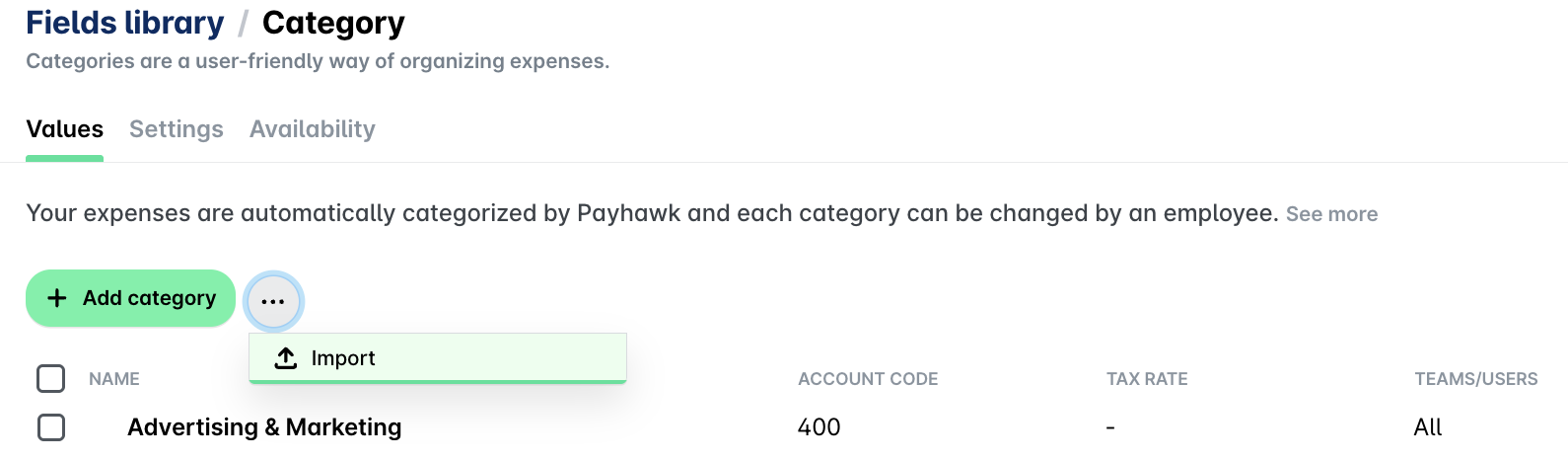 Interface for categorizing expenses with options to add and import categories.
