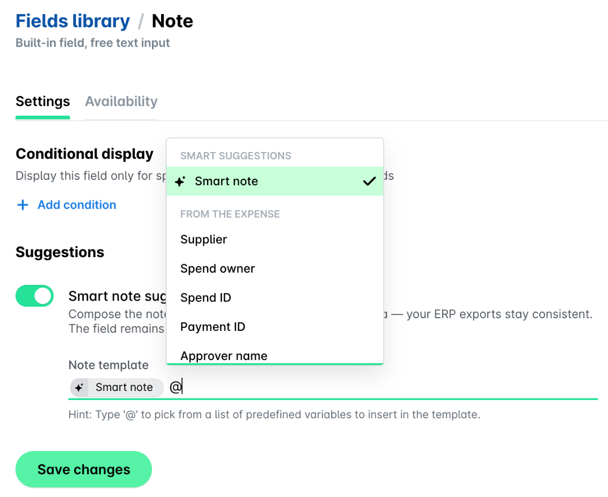 Note field settings with the Smart note suggestion and template toggle on and the list of variables to add to the note template.