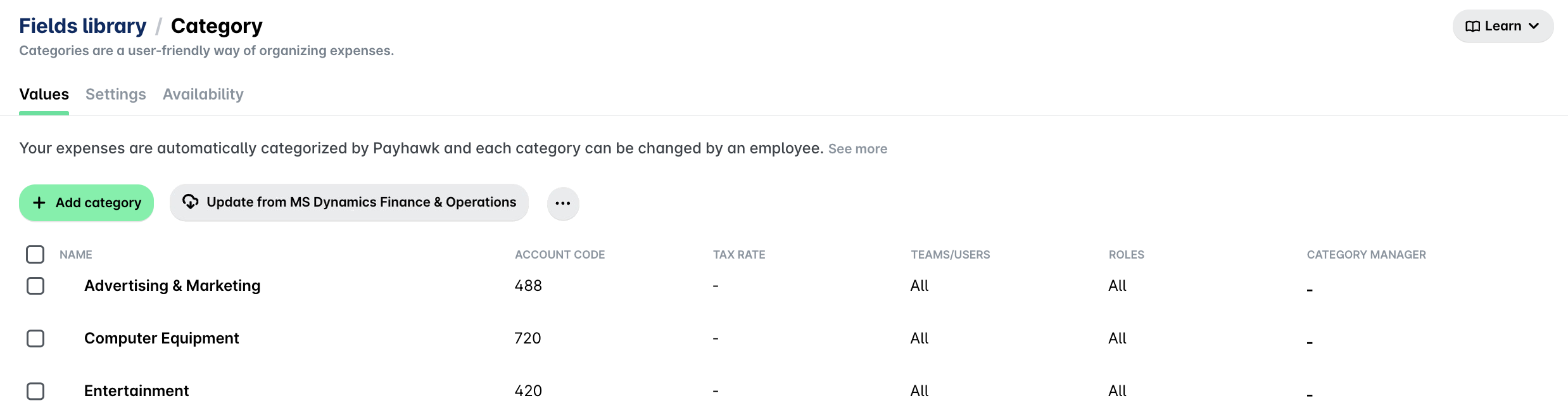 Category page in the Payhawk Fields library showing the Update from MS Dynamics Finance & Operations button