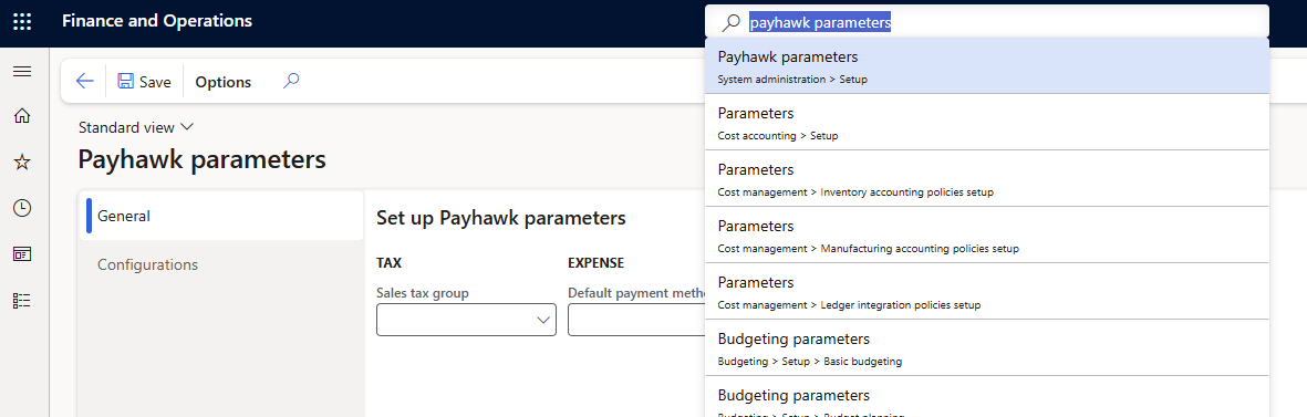 User interface displaying Payhawk parameters setup for tax and expense configurations.