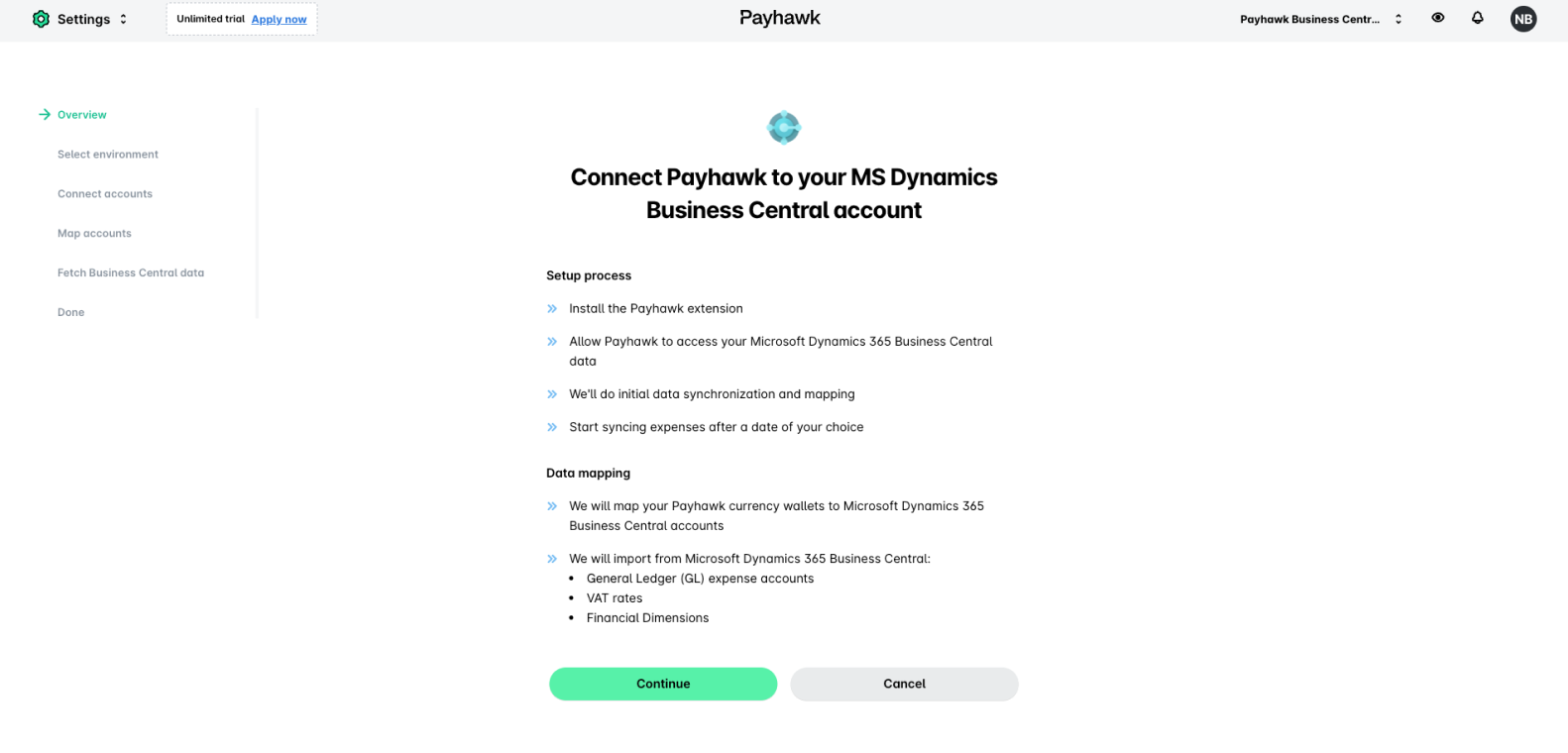 Étape de présentation de la connexion à MS Business Central dans Payhawk, avec le processus de configuration, le mappage des données et le bouton Continuer.
