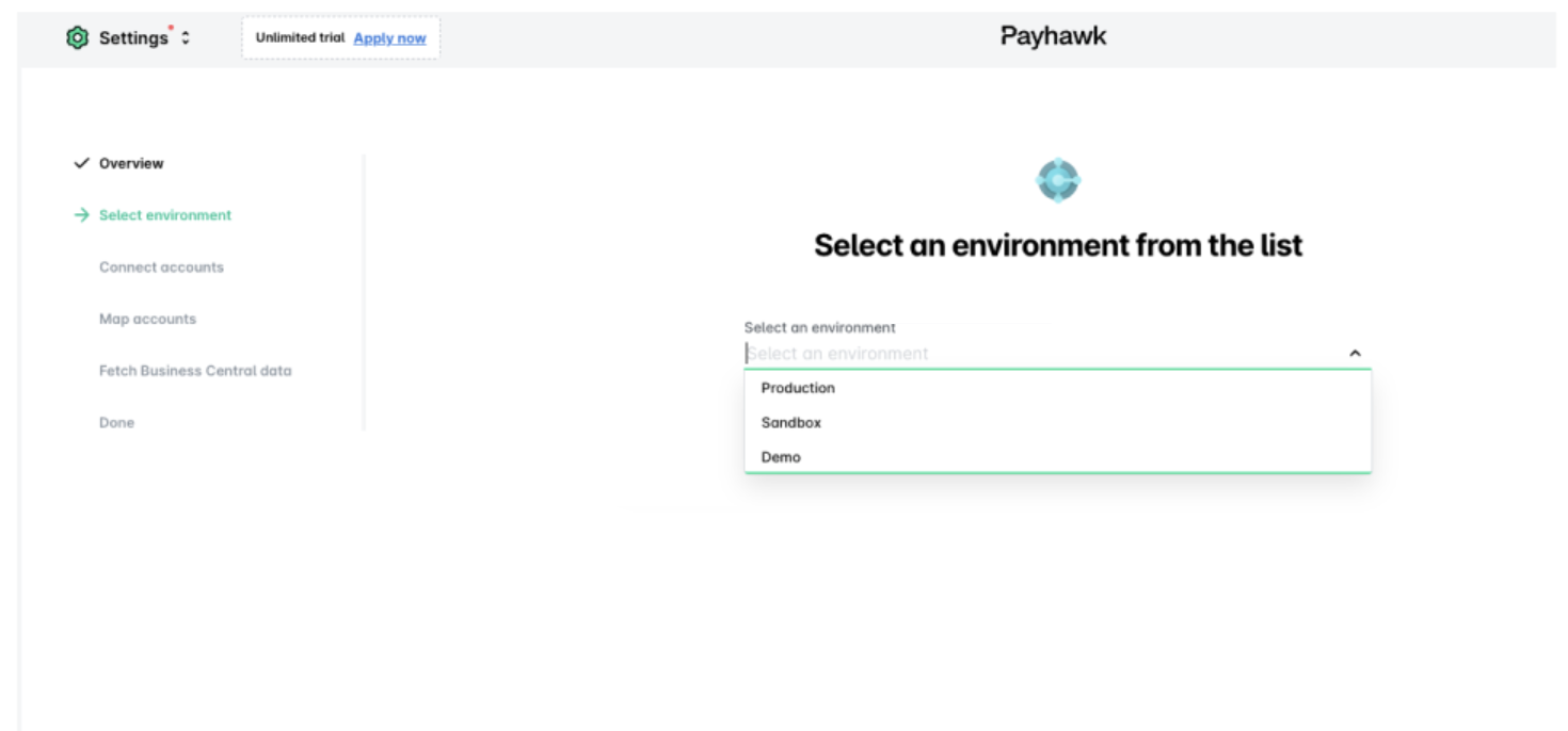 Étape de sélection de l'environnement de la connexion à MS Business Central, avec les environnements Production, Sandbox et Demo.