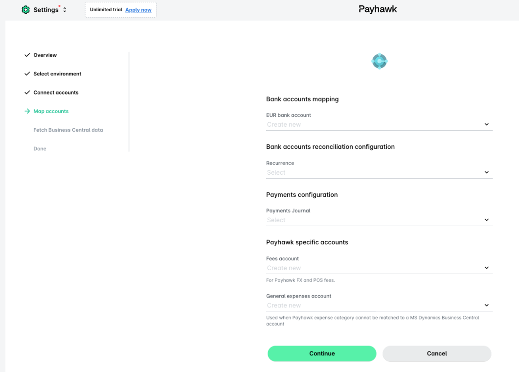 Étape de mappage des comptes de la connexion à MS Business Central, avec le mappage des comptes bancaires, le rapprochement, les paiements et les comptes propres à Payhawk.