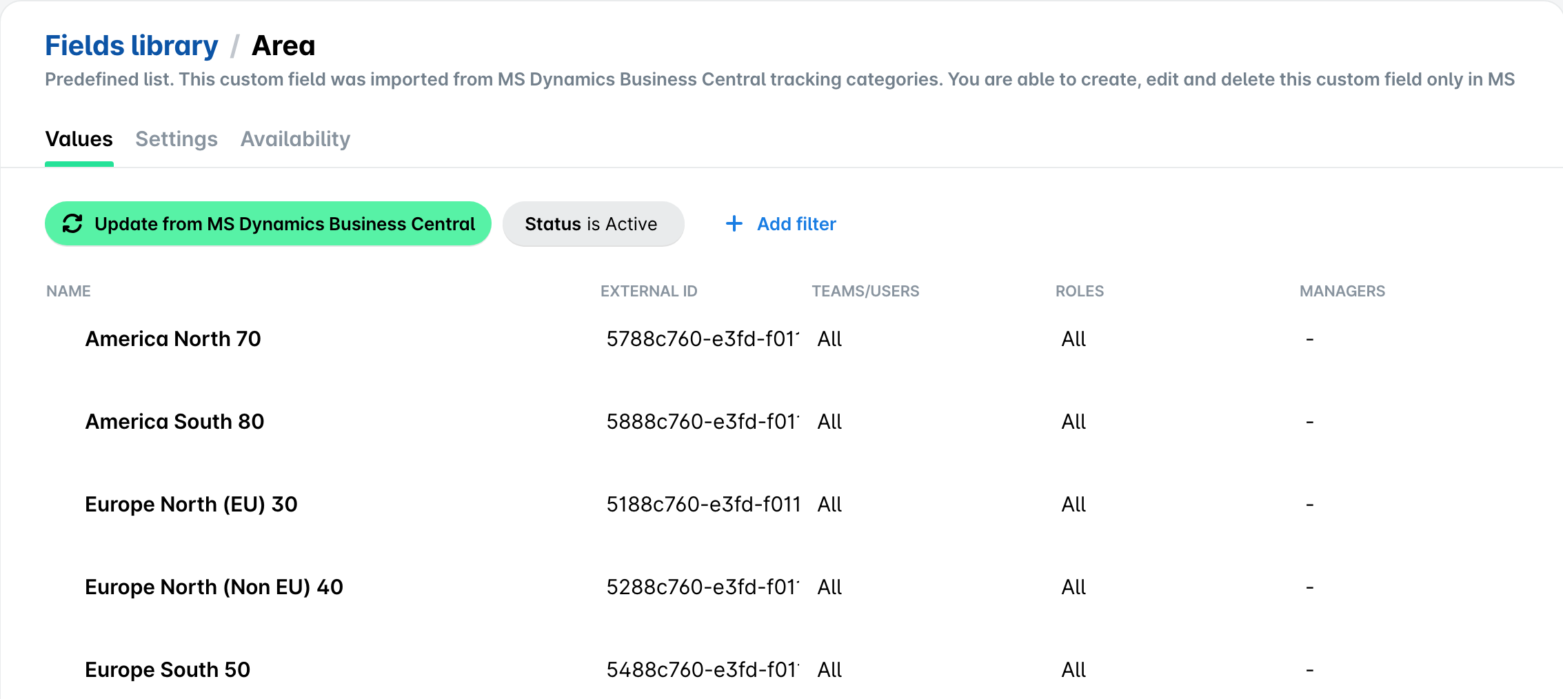 Tracking-Kategorie Area in der Payhawk-Felderbibliothek mit der Schaltfläche Aktualisierung aus MS Dynamics Business Central und den importierten Werten.