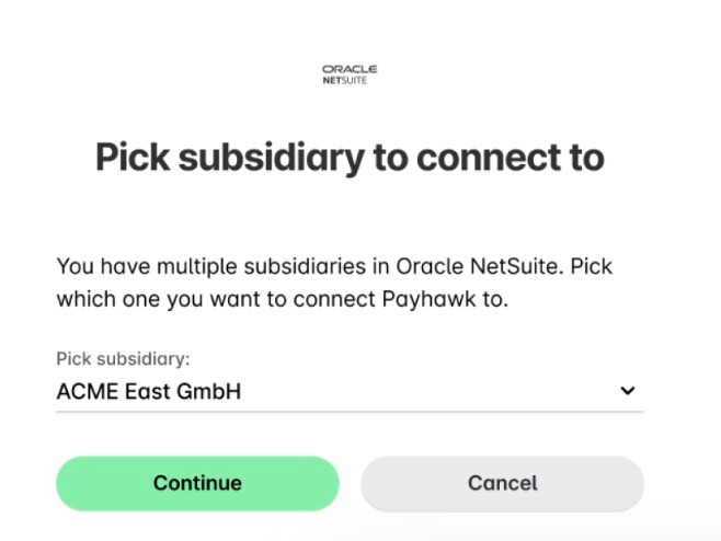 Pick subsidiary to connect to step of the Oracle NetSuite connection.