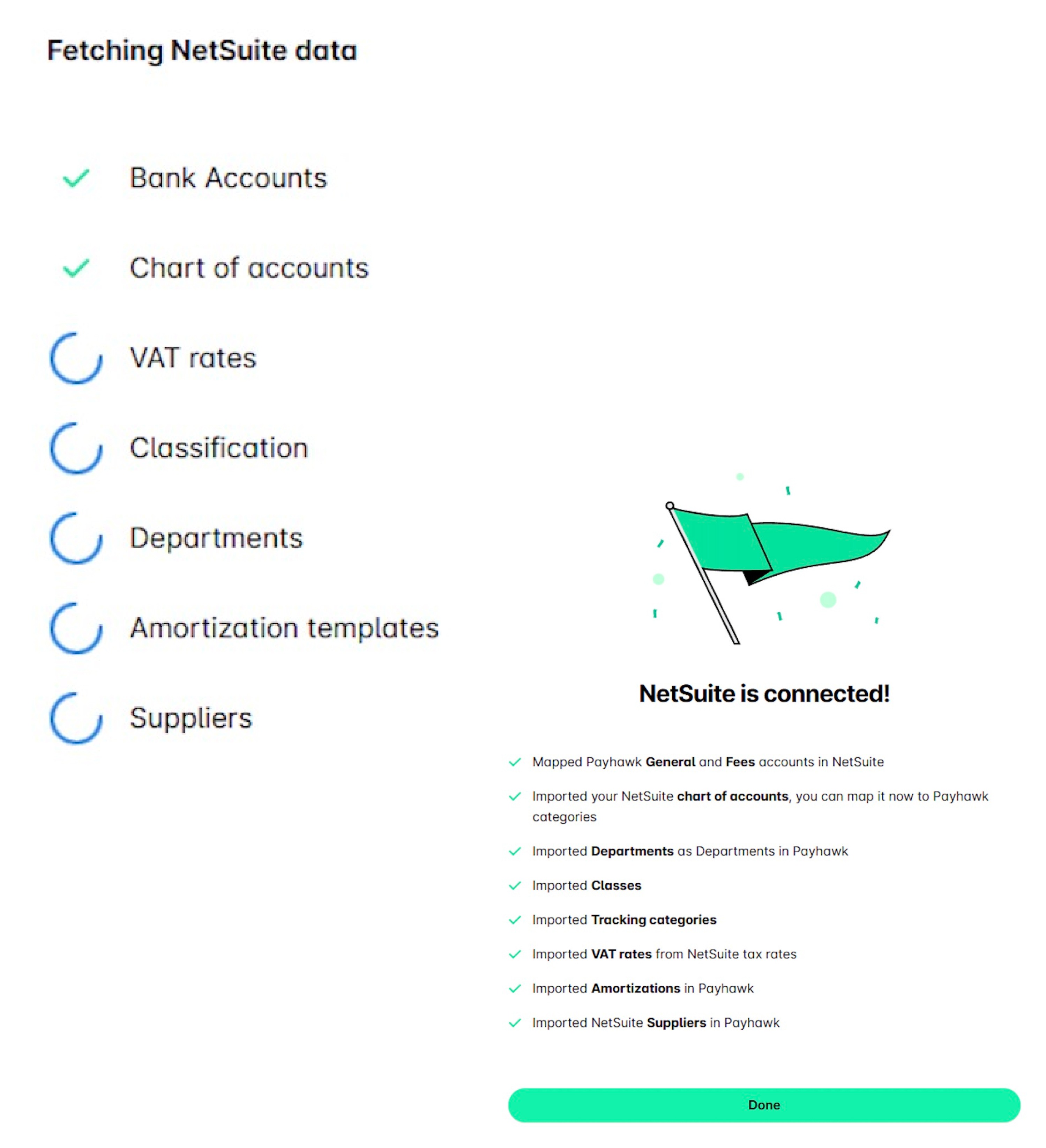 Fetching NetSuite data screen with the imported data and the NetSuite is connected message.