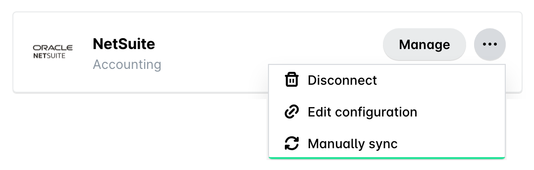 The Manually sync option in the three dots menu of the NetSuite integration in Settings, Integrations.