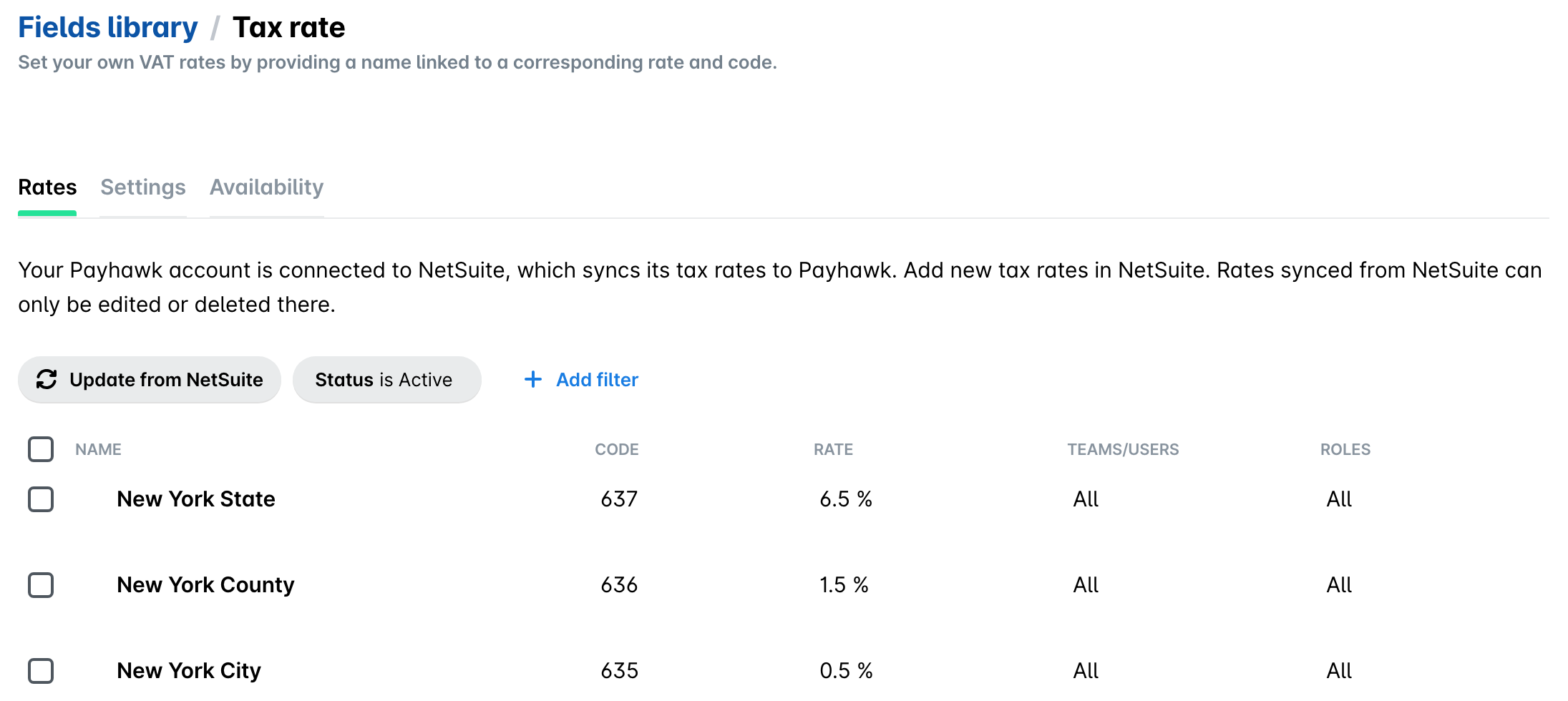 Tax rate field in the Payhawk Fields library with the Update from NetSuite button and the tax rates synced from NetSuite.