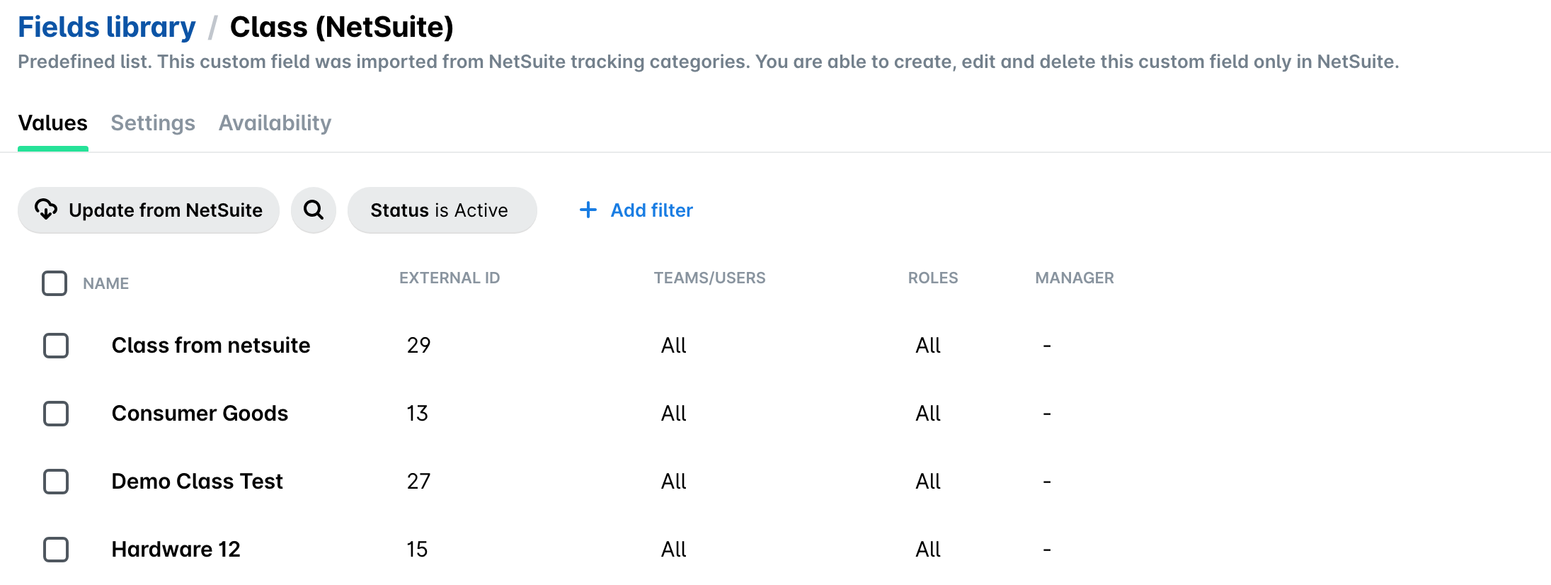Class (NetSuite) field in the Payhawk Fields library with the Update from NetSuite button and the imported classes.