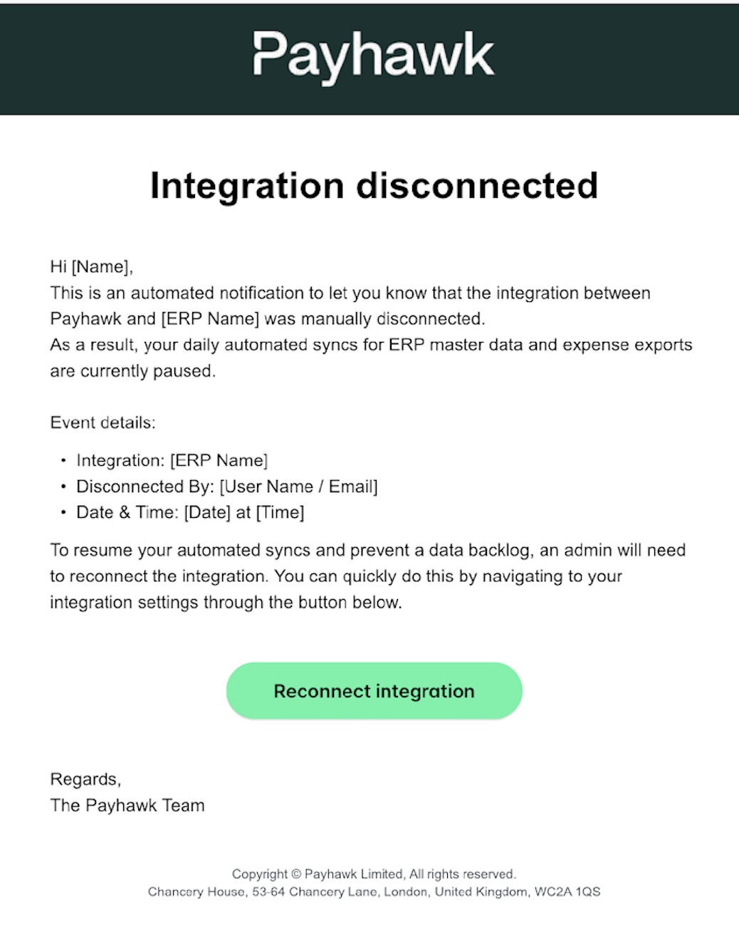 Example of the disconnection email sent to administrators when the integration is manually disconnected.