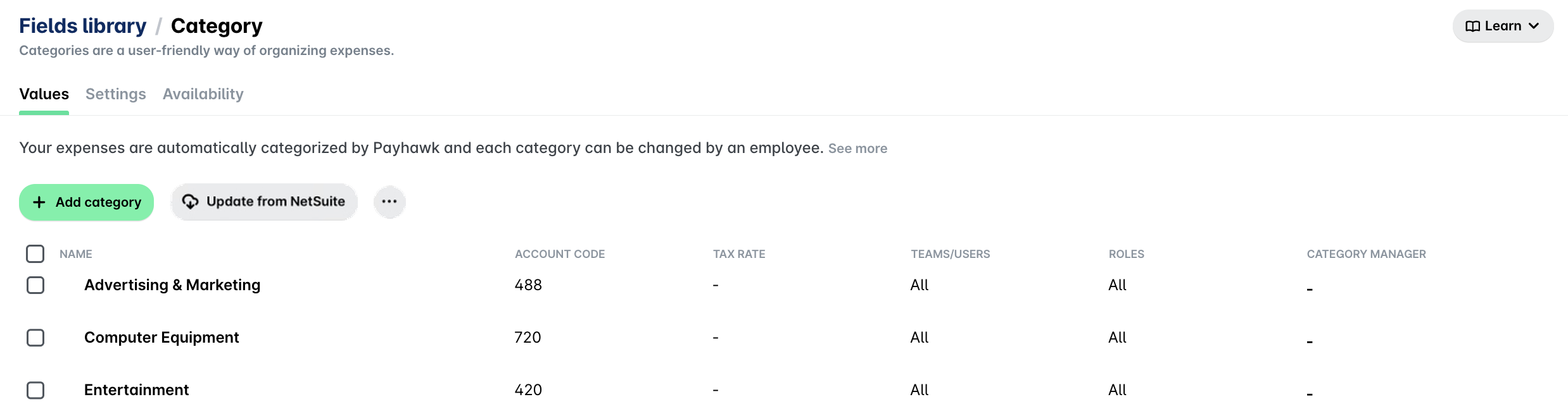Category page in the Payhawk Fields library with the Update from NetSuite button