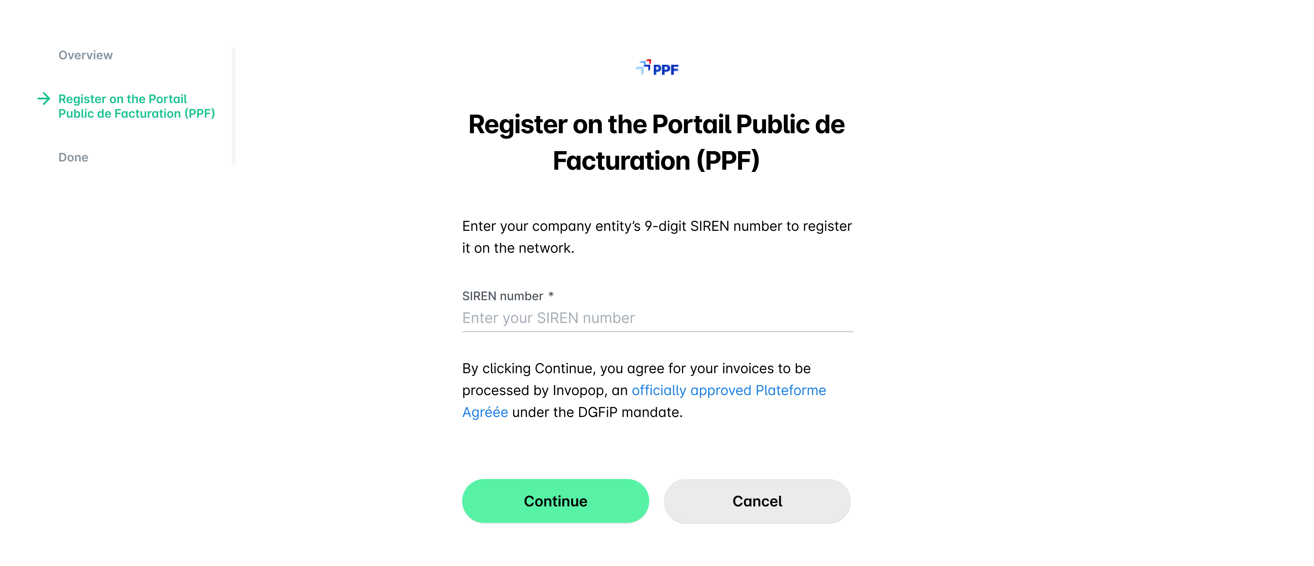 Register on the PPF step with an empty SIREN number field.